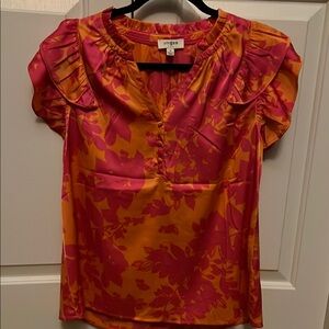 Umgee Orange and Pink Ruffled Graphic Blouse